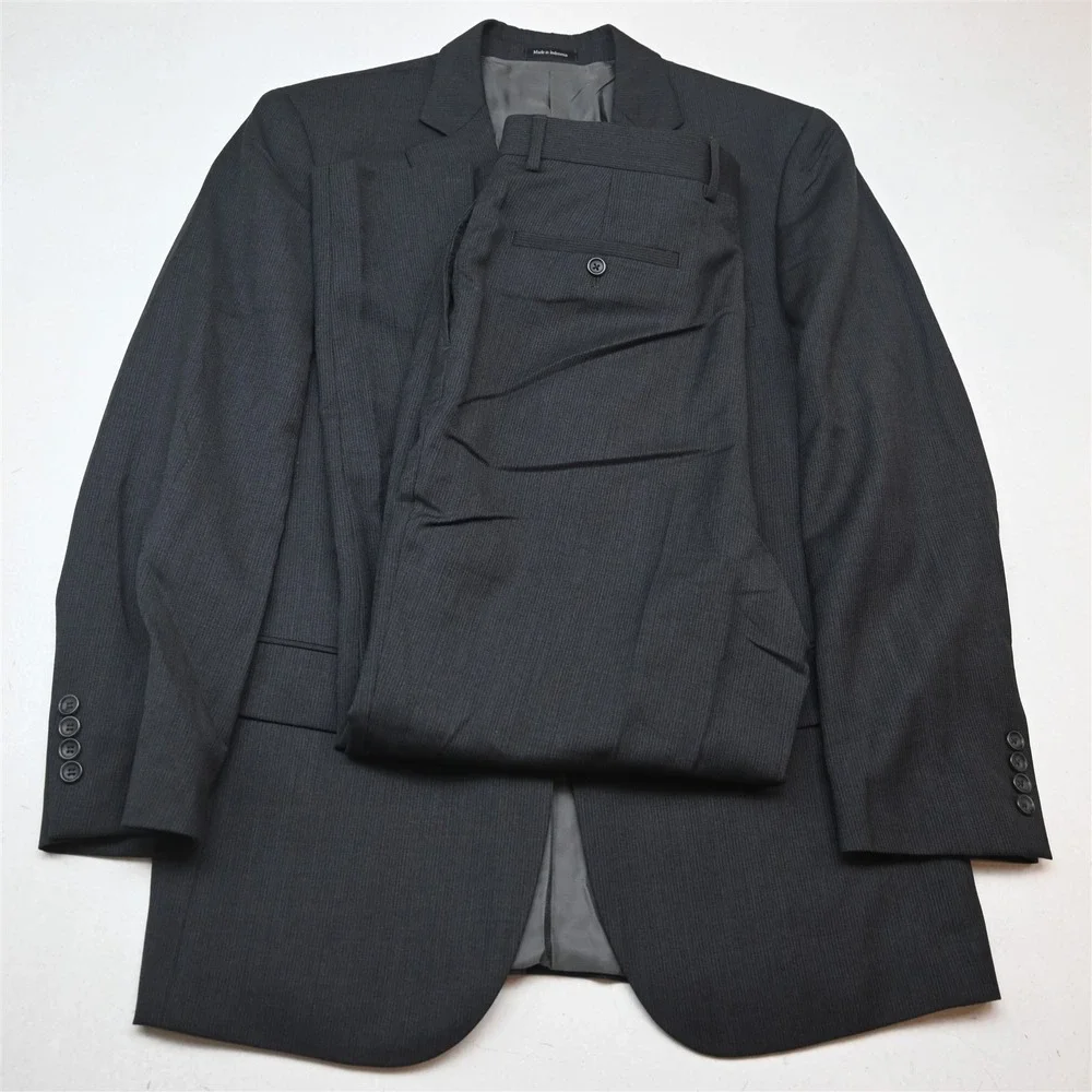 Pronto Uomo 40R 33x30 Gray Striped 100% Wool Mens Jacket Pants Suit